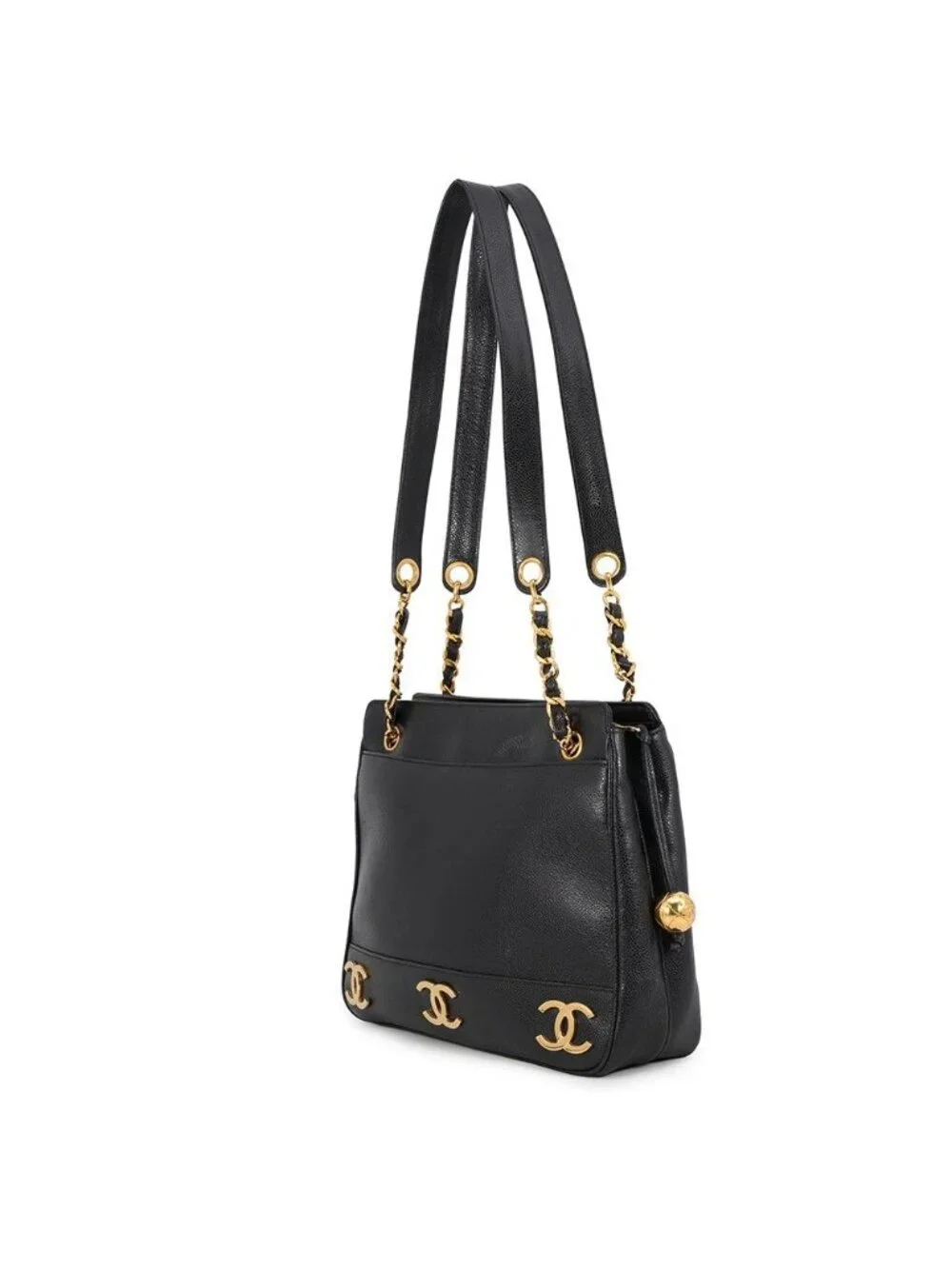 Chanel Chain Tote Triple CC Logo Caviar Leather Black